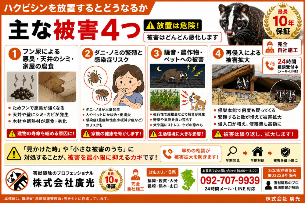 ハクビシンを放置するとどうなるか｜主な被害4つ
