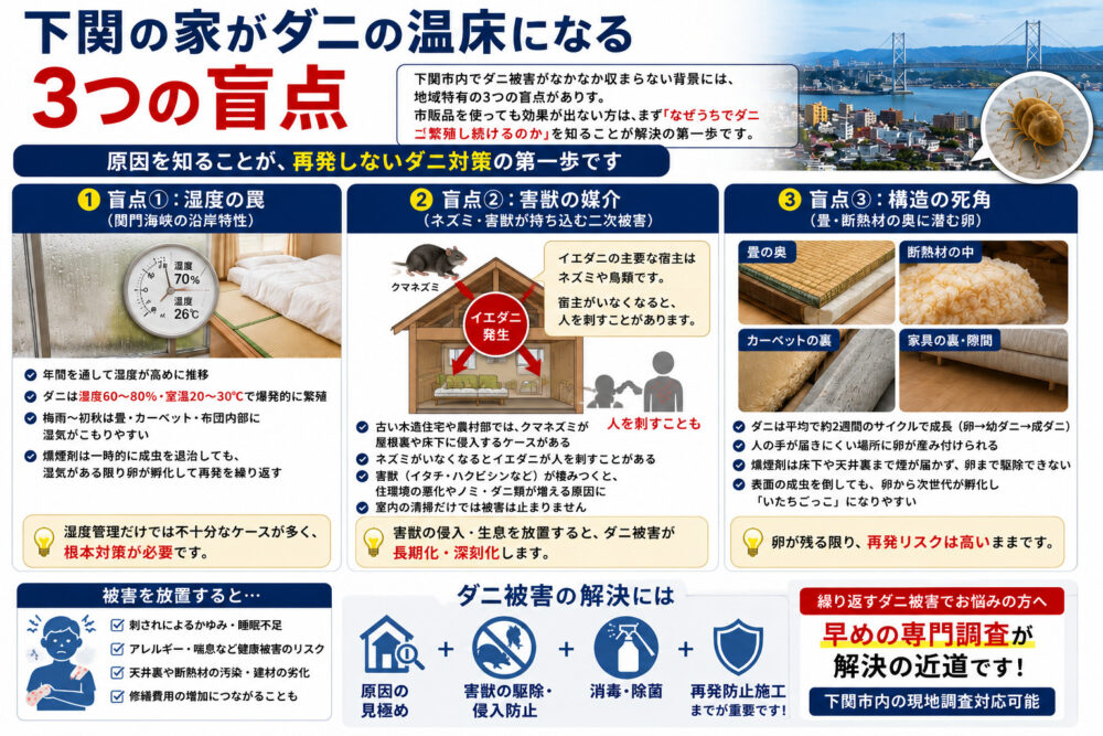 下関市のダニ被害が再発する3つの盲点