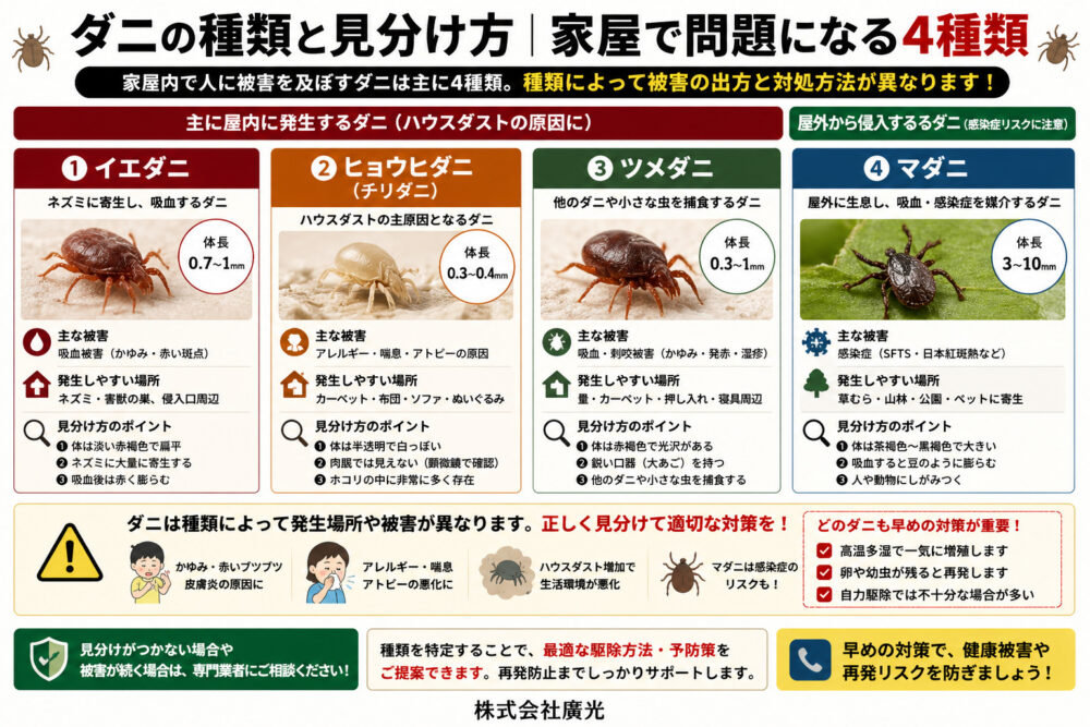 ダニの種類と見分け方｜家屋で問題になる4種類
