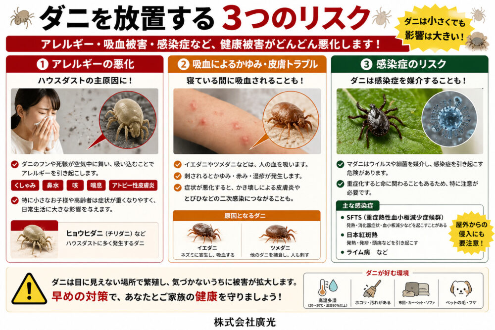 ダニを放置する3つのリスク｜アレルギー・吸血被害・感染症