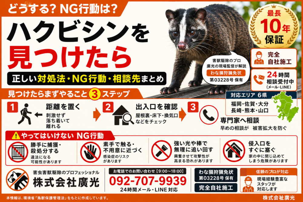 ハクビシンを見つけたらどうする？正しい対処法とNG行動・相談先まとめ