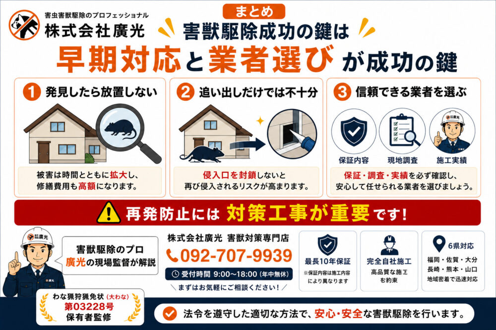 まとめ｜害獣駆除は早期対応と専門業者選びが成功の鍵