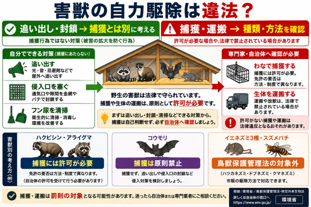 害獣を自分で駆除すると違法？わなは許可が必要、追い出しと封鎖はOK