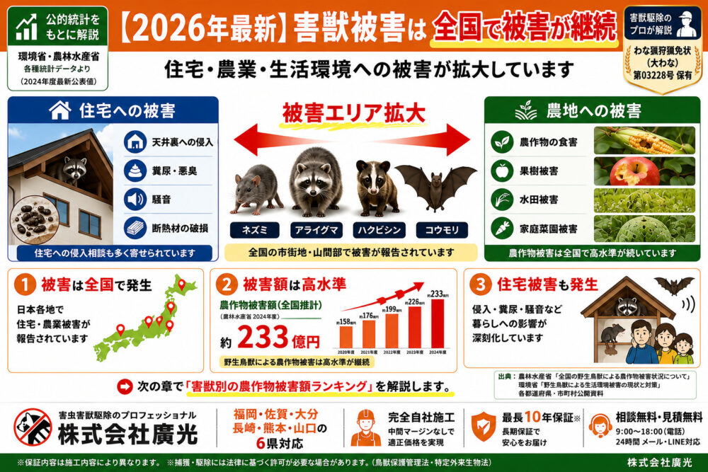 【2026年最新】害獣被害の現状|統計データで見る深刻な実態