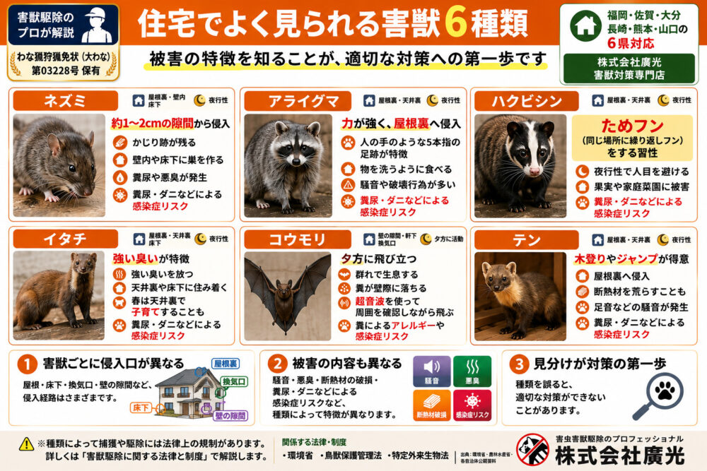 主な害獣と被害の特徴|6種類の見分け方