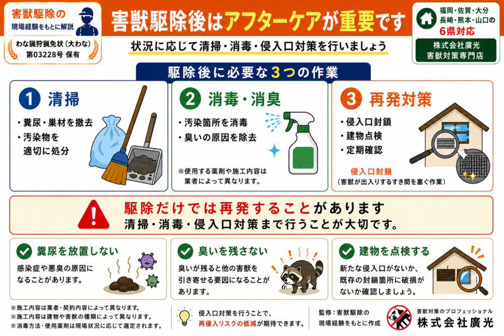 害獣駆除後のアフターケア|清掃・消毒と再発防止