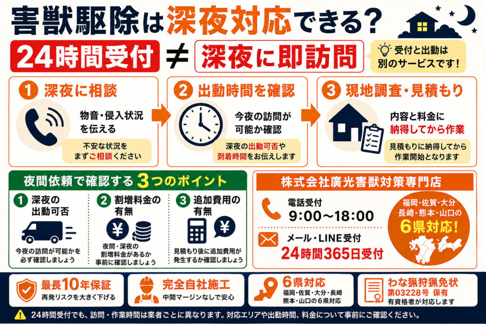 害獣駆除は深夜対応できる？夜間の割増料金と相談から訪問までの流れ