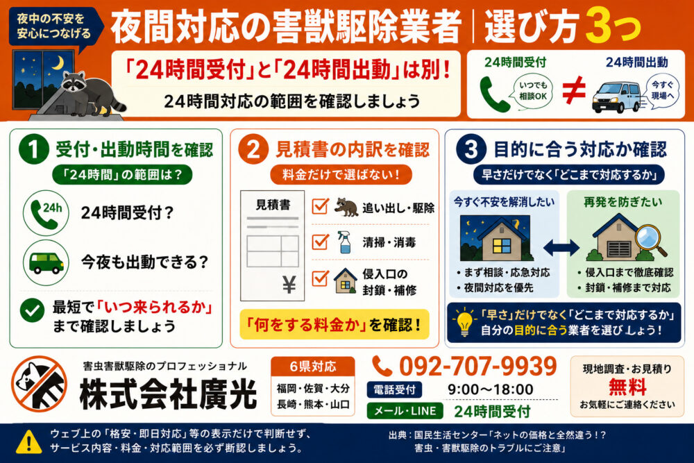 夜間対応をうたう害獣駆除業者の選び方3つ