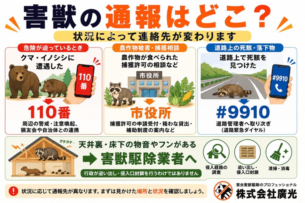 害獣の通報はどこ？市役所・警察・道路管理者の窓口と対応範囲を解説