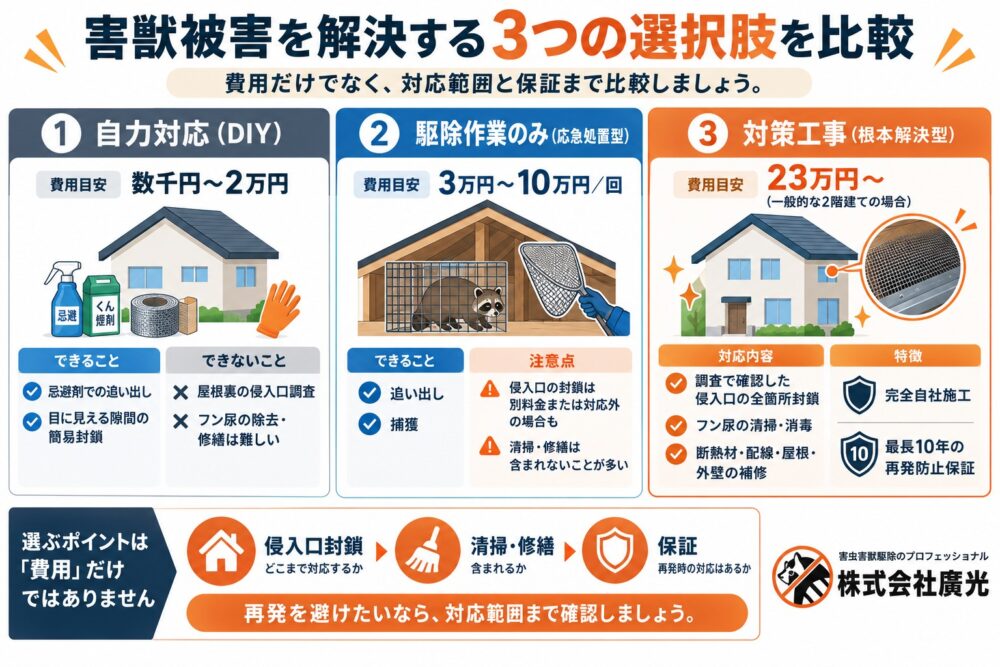害獣被害を解決する3つの選択肢を比較