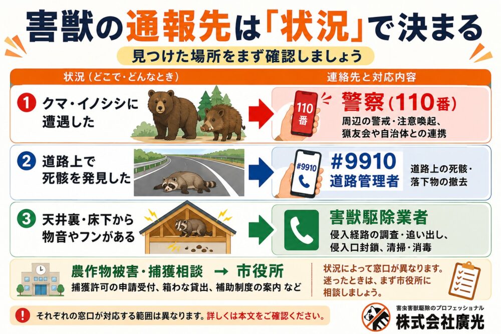 害獣の通報先は警察・自治体・道路管理者の3つ【状況別早見表】