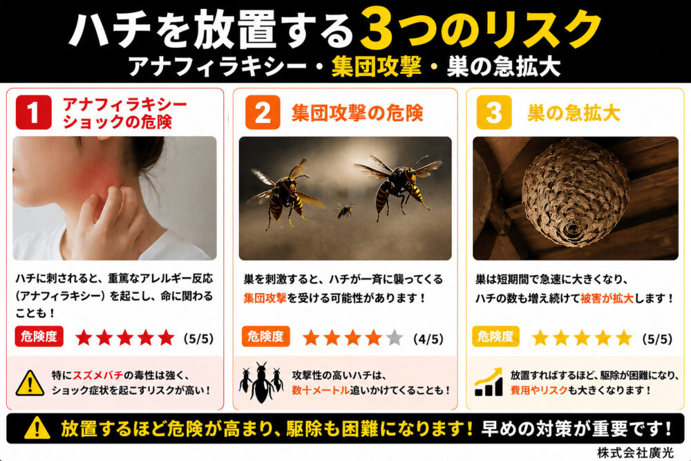ハチを放置する3つのリスク｜アナフィラキシー・集団攻撃・巣の急拡大