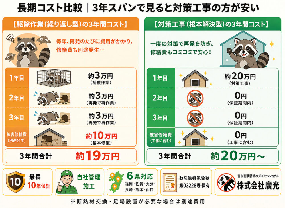長期コスト比較｜3年スパンで見ると対策工事の方が安い