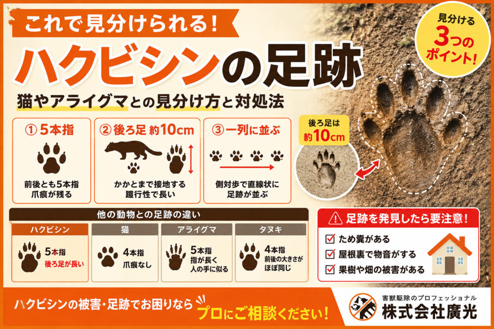 ハクビシンの足跡の特徴｜猫やアライグマとの見分け方と発見後の対処法
