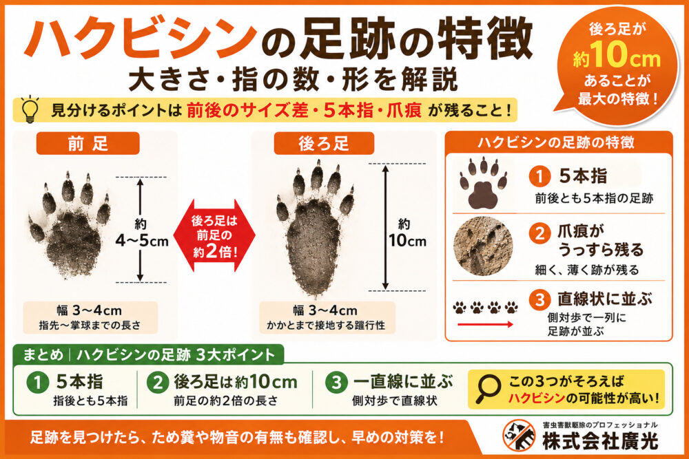 ハクビシンの足跡の特徴｜大きさ・指の数・形を解説