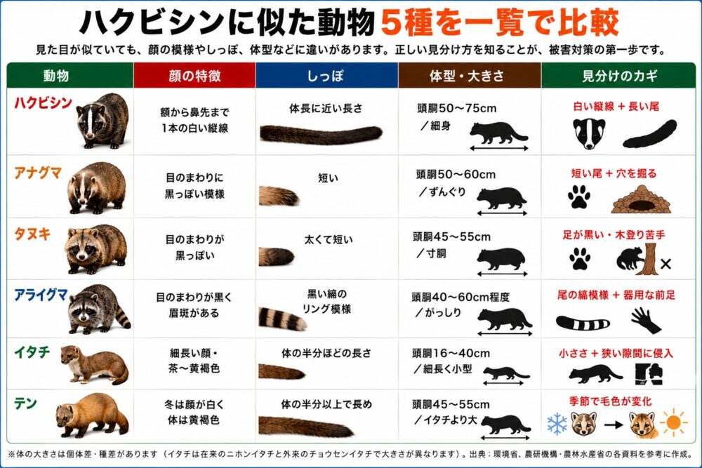 ハクビシンに似た動物5種を一覧で比較