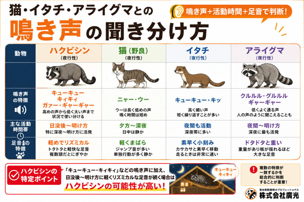 猫・イタチ・アライグマとの鳴き声の聞き分け方