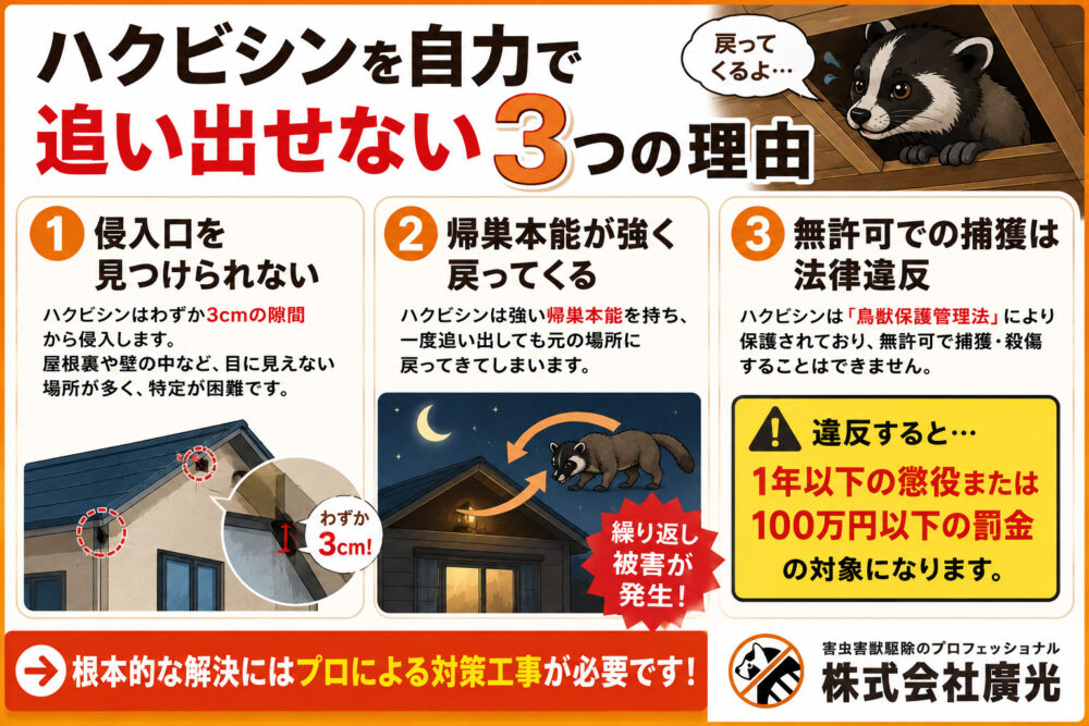 ハクビシンを自力で追い出せない3つの理由