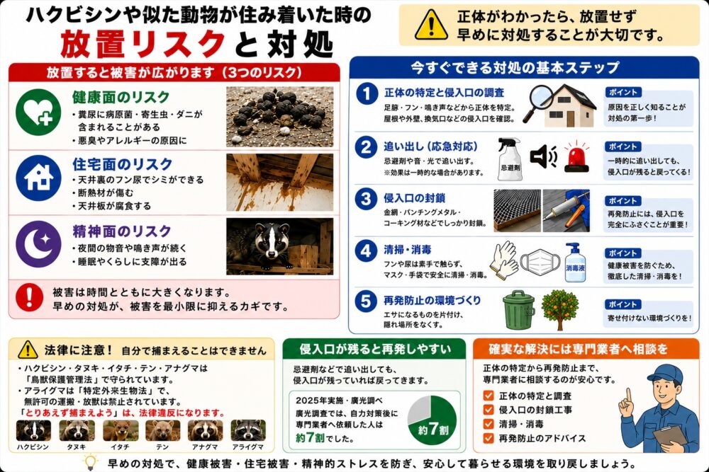 ハクビシンや似た動物が住み着いた時の放置リスクと対処