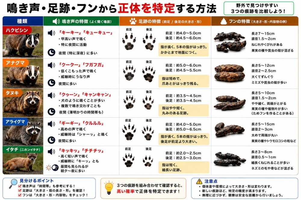 鳴き声・足跡・フンから正体を特定する方法