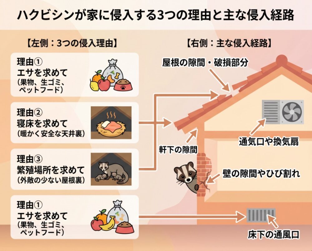 ハクビシンが家に侵入する3つの理由と主な侵入経路