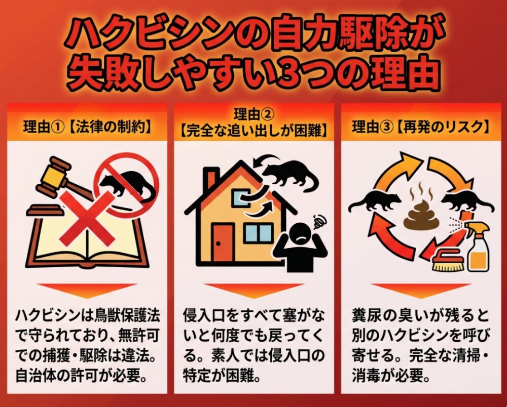 ハクビシンの自力駆除が失敗しやすい3つの理由
