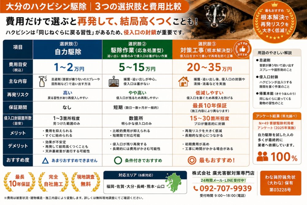 大分のハクビシン駆除|3つの選択肢と費用比較