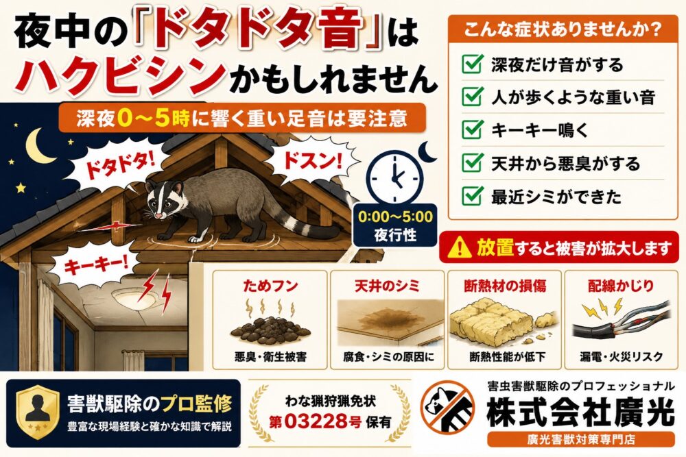夜中の屋根裏の音はハクビシン？嫌がる音5選と自分でできる追い出し方