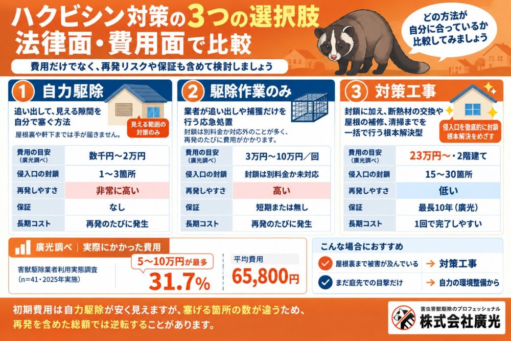 ハクビシン対策の3つの選択肢