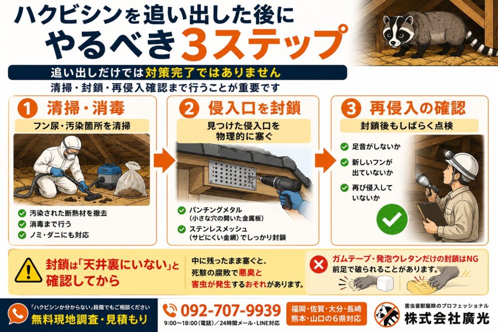 ハクビシンを追い出した後にやるべき3ステップ|清掃と封鎖