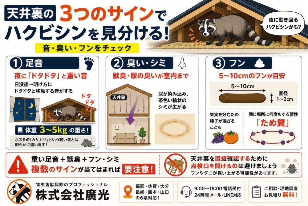 ハクビシンが天井裏にいるサイン|足音・フン・臭いで見分ける