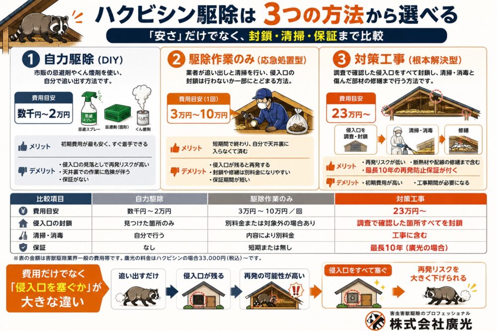 ハクビシン駆除の3つの選択肢|駆除作業と対策工事の費用目安