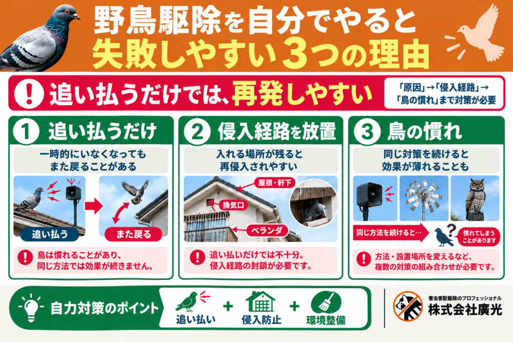 野鳥駆除を自分でやると失敗する3つの理由