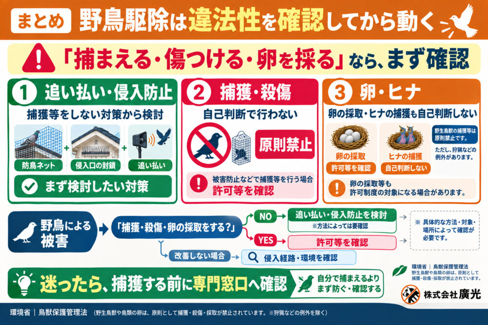 まとめ｜野鳥駆除は違法性を確認してから動く