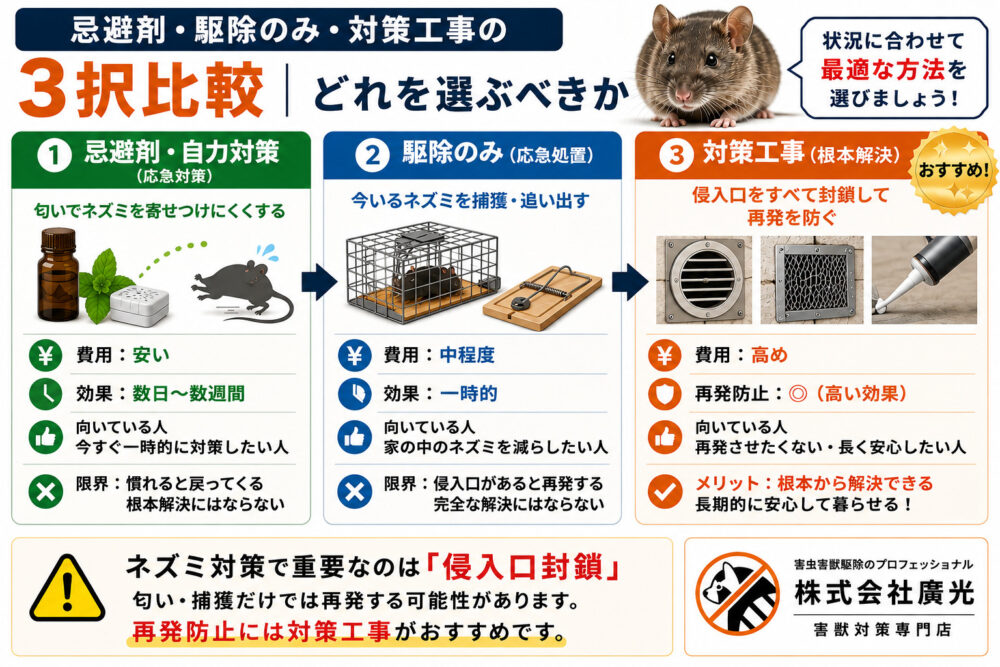 忌避剤・駆除のみ・対策工事の3択比較｜どれを選ぶべきか