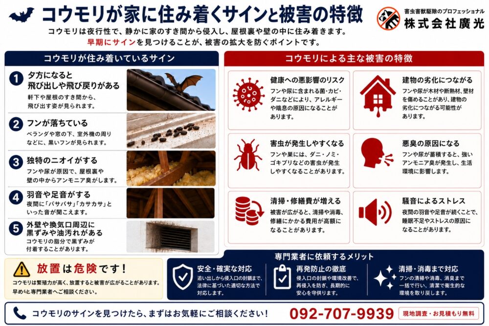 コウモリが家に住み着くサインと被害の特徴
