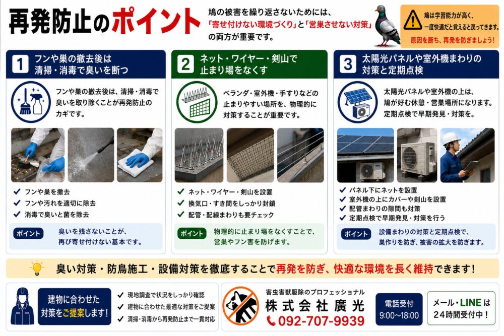 鳩（ハト）を二度と来なくする再発防止対策