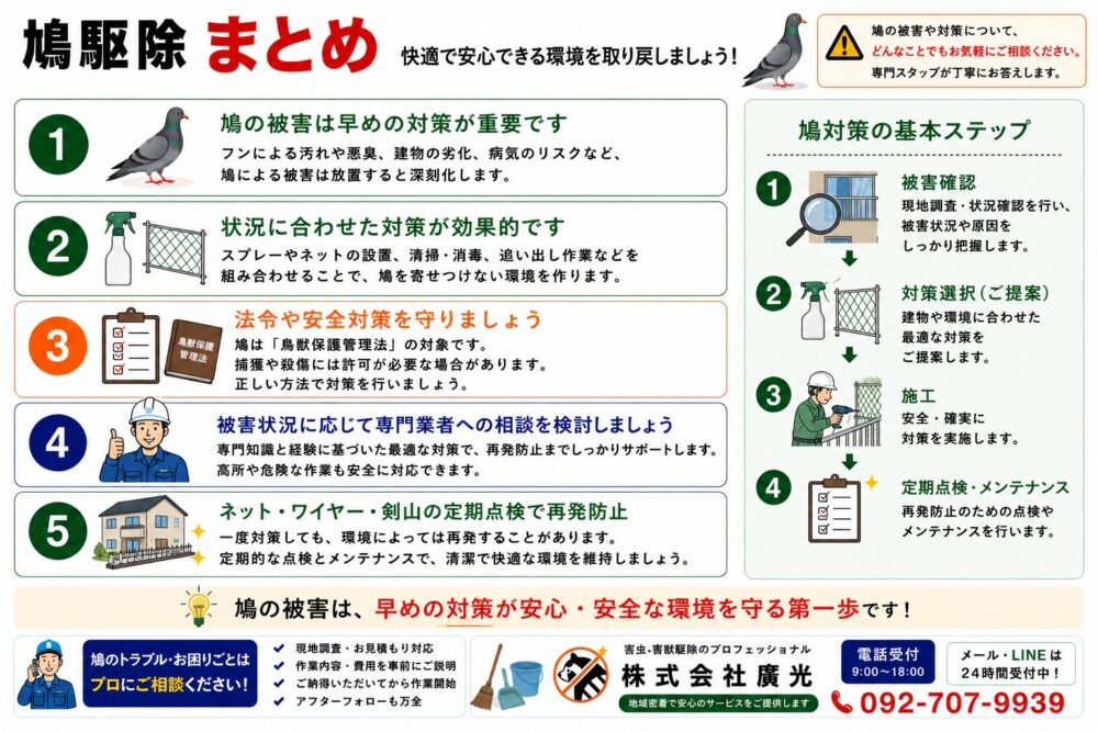 まとめ｜鳩（ハト）は追い払うだけでなく再発防止が重要