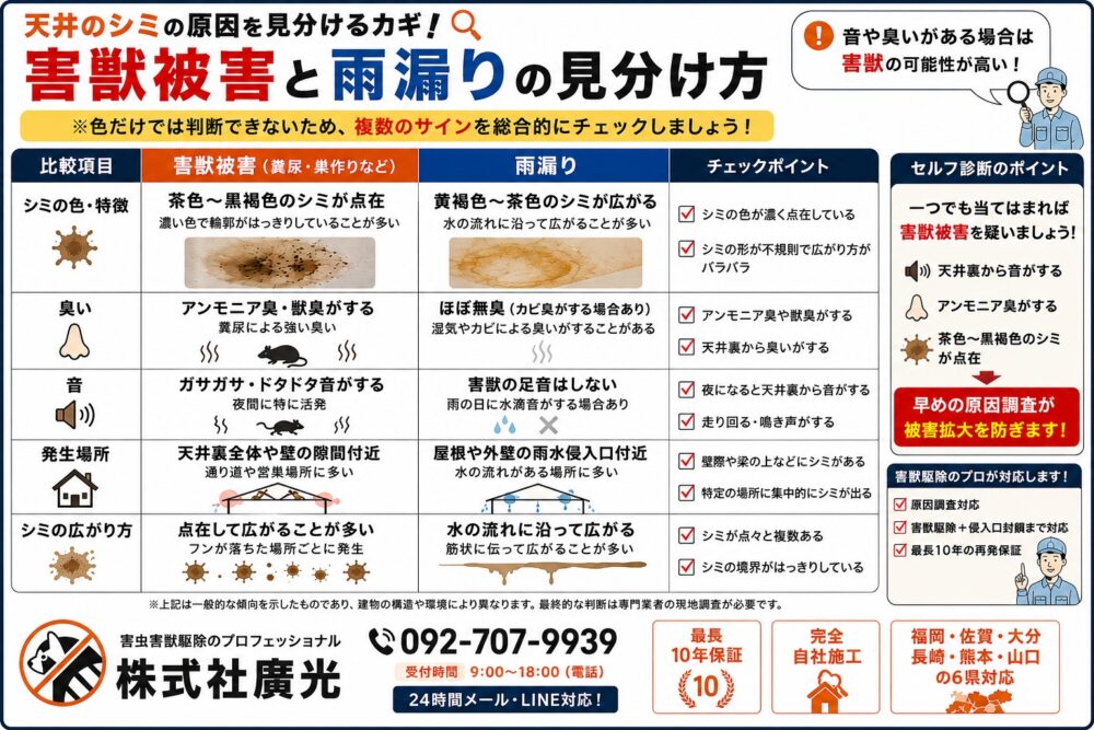 天井のシミができる5つの原因｜害獣被害と他の原因の見分け方