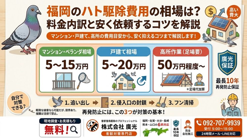 福岡のハト駆除費用の相場はいくら？料金内訳と安く依頼するコツを解説