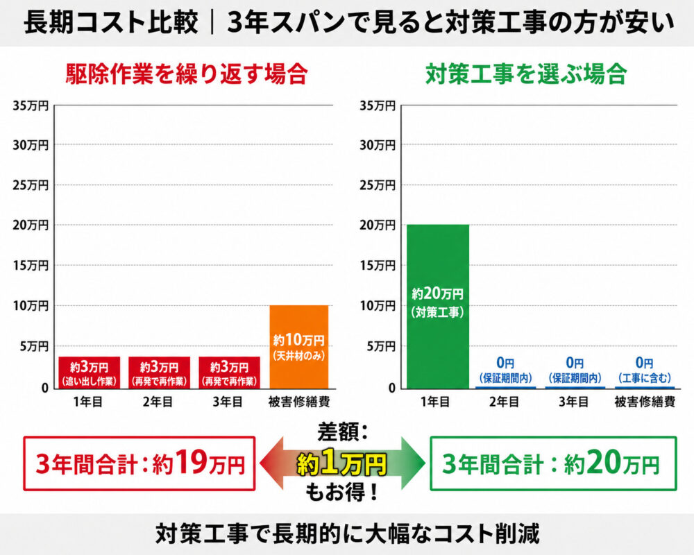 長期コスト比較｜3年スパンで見ると対策工事の方が安い