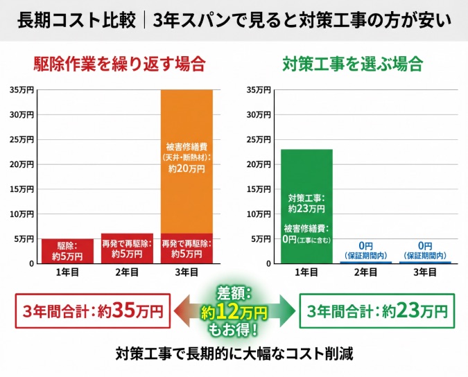 長期コスト比較｜3年スパンで見ると対策工事の方が安い