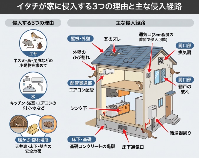 イタチが家に侵入する3つの理由と主な侵入経路