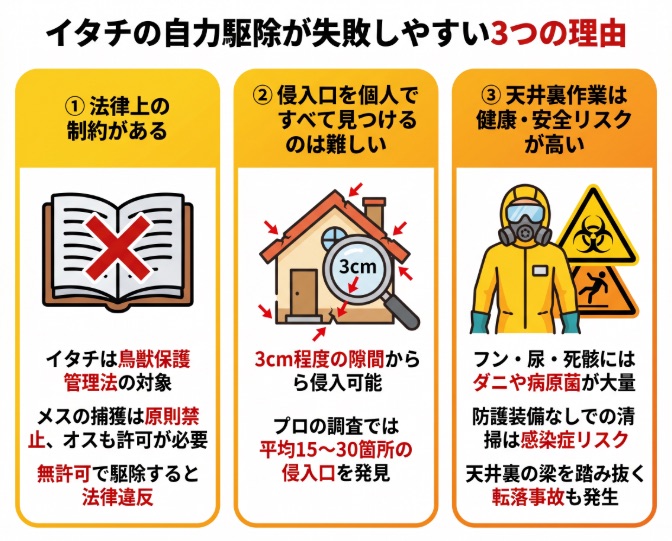 イタチの自力駆除が失敗しやすい3つの理由