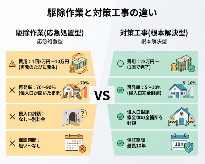 駆除作業と対策工事の違い｜再発させないためには侵入口封鎖が必須