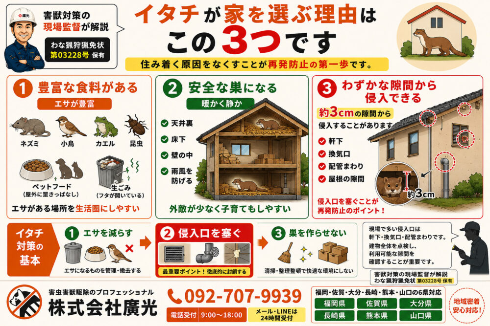 イタチが家に住み着く3つの理由を解説