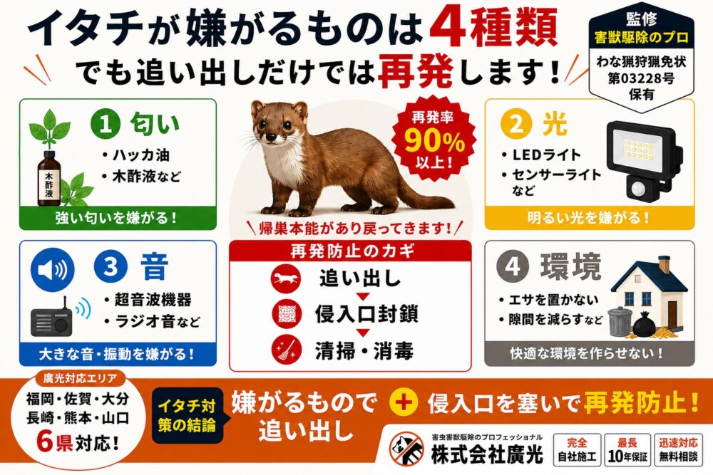 イタチの嫌がるもの｜匂い・光・音の効果と限界、再発を防ぐ正しい方法