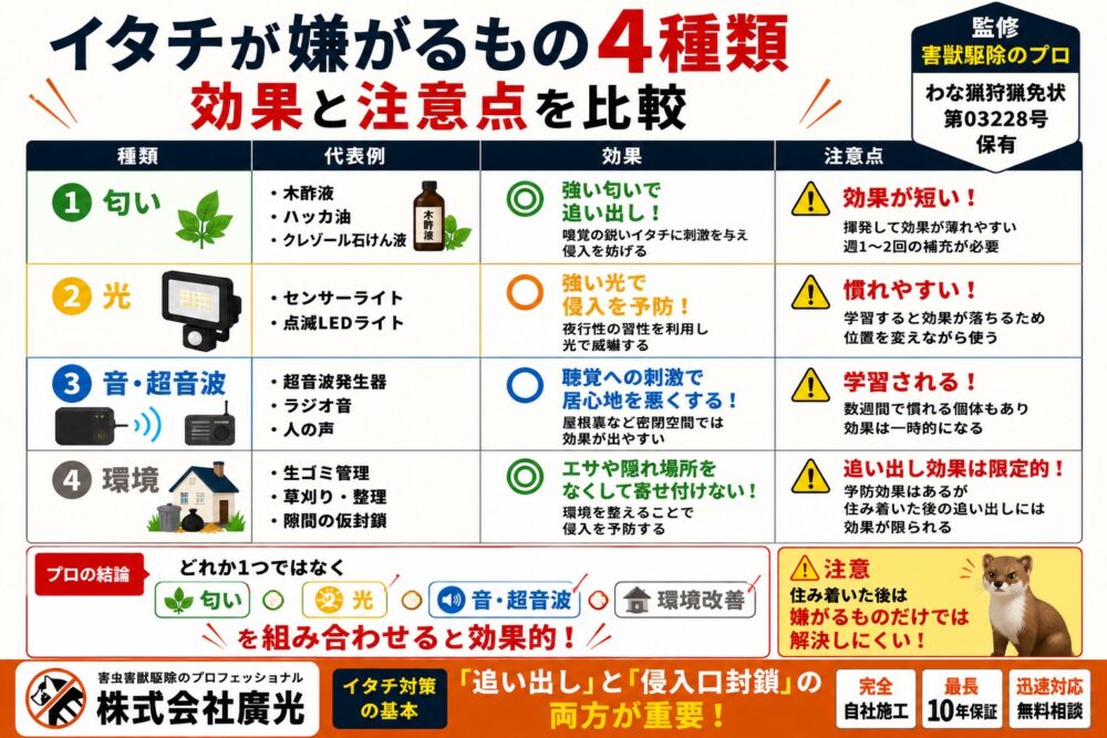イタチが嫌がるもの一覧(匂い・光・音・環境)