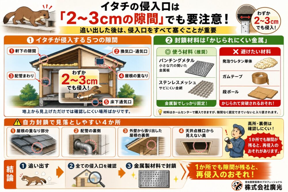 イタチの侵入口を塞ぐ方法と自力では難しい場所