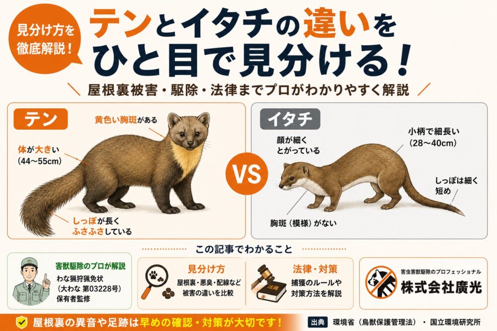 テンとイタチの違いと見分け方を徹底解説｜屋根裏被害・駆除・法律まとめ